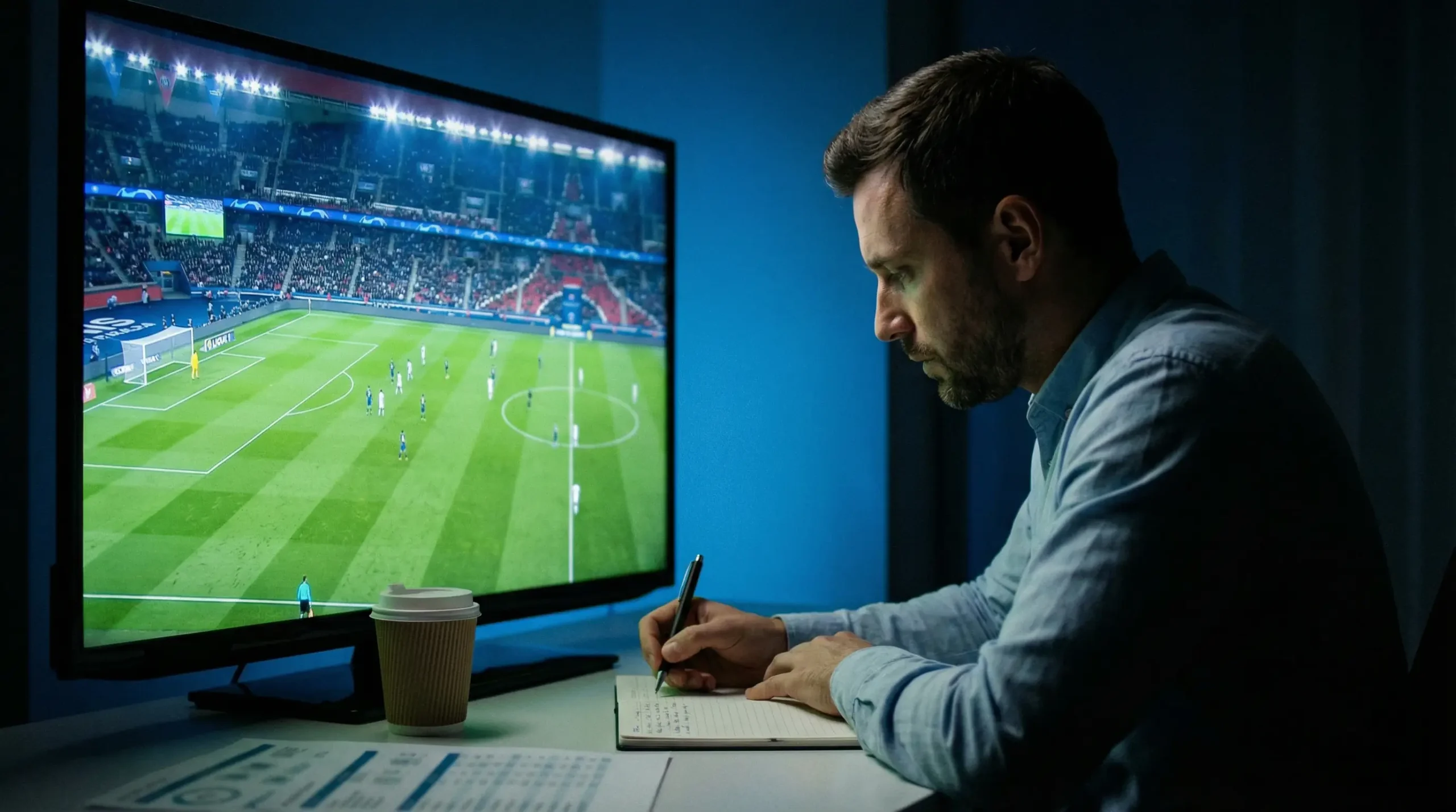 Pronósticos de la Ligue 1 con cuaderno de análisis abierto junto a un campo de fútbol francés